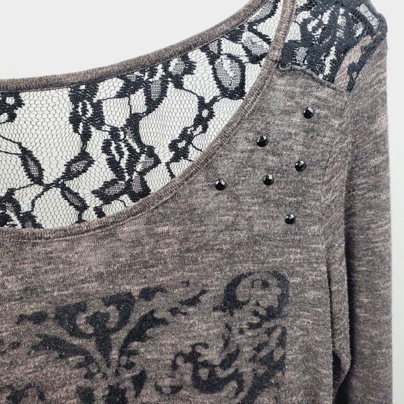 M+ Maurices SMALL Grey Black Lace LS BLOUSE TOP - Picture 3 of 4